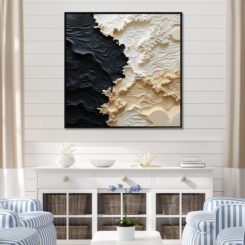 Abstrait crème et noir liquide, reproduction d'art sur toile côtière, Reproduction avec cadre flottant, H 16 po x l 16 po