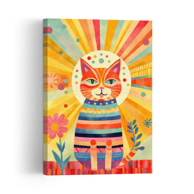 Colorful Striped Cat Colorful Contemporary Cat Flower Wall Art Print 1 Piece Wrapped Canvas Wall Art