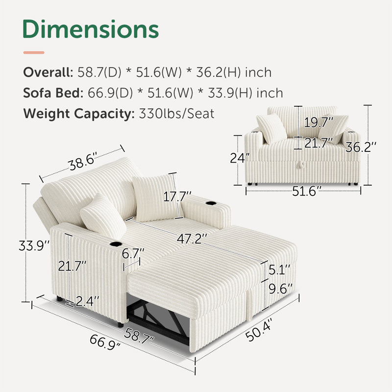 Pull Out Sofa Bed with Chaise Lounge, Vertical White Corduroy Fabric