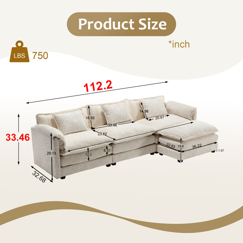 Eugenijus 112.2"W Modular Boucle Sectional, Beige Boucle