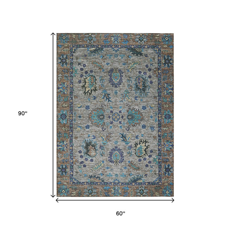 Tapis lavable extérieur floral 5 pi x 8 pi bleu étain et bleu sarcelle