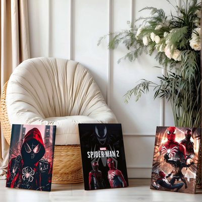 3PCS Wall Arts Posters Framed, Marvel Spider-Man 2 Canvas Wall Art Set of 3 - Superhero Posters with Miles Morales Peter Parker and Venom, Modern Home Decor for Bedroom Living Room, Premium Print Artwork for Fans and Collectors