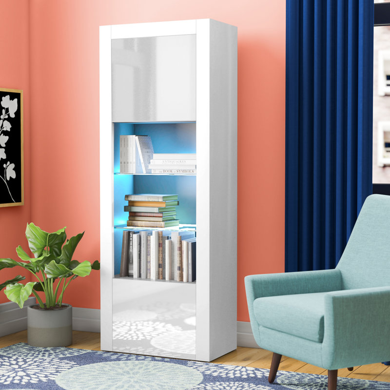 Casey-May 25" Bookcase with LED Lighting, Glass Shelves, Glass Doors, White