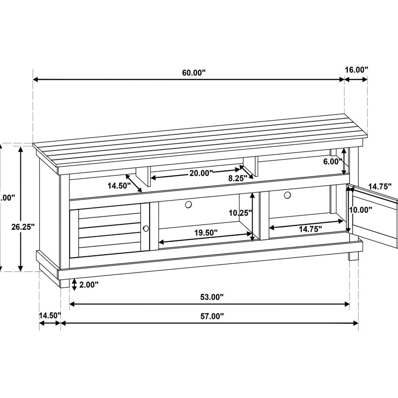 Console média en bois blanc vieilli de 60 pouces avec charme rustique, deux tablettes ouvertes pour les décorations et six compartiments de rangement dans les salons.