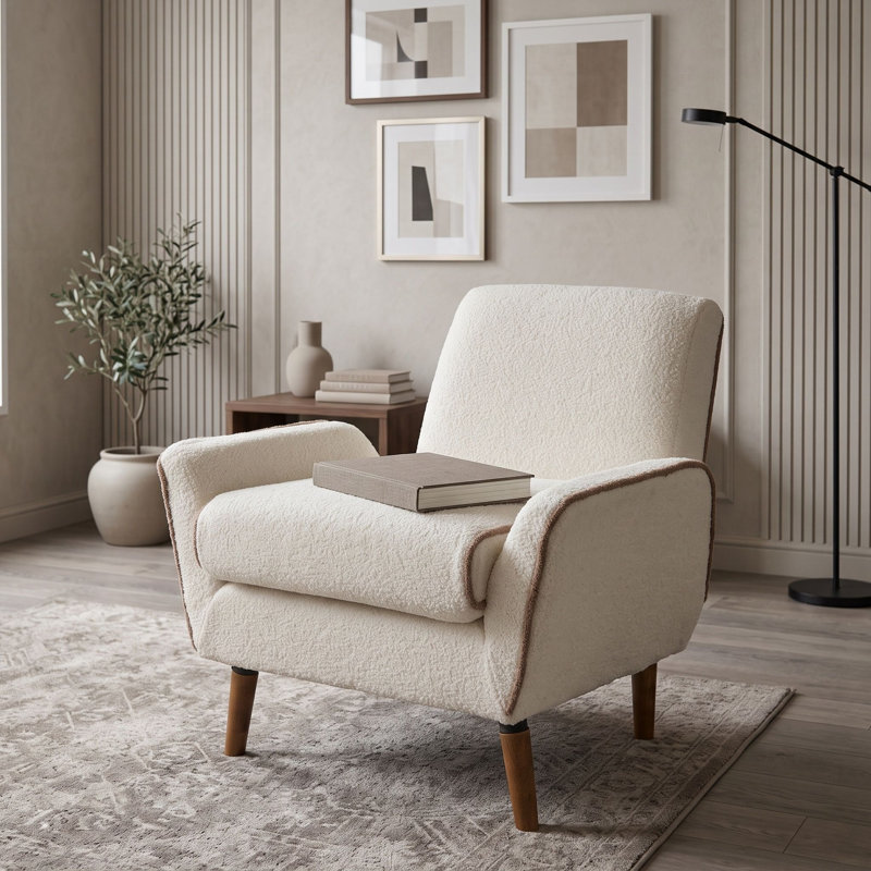 Chaise d'appoint moderne rembourrée avec pieds et accoudoirs en bois d'hévéa, Beige