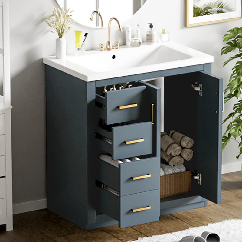 Ensemble de meuble-lavabo 30 po avec lavabo en céramique, armoire de rangement en bois massif, ensemble de meuble-lavabo autoportant avec 3 tiroirs et portes à fermeture douce