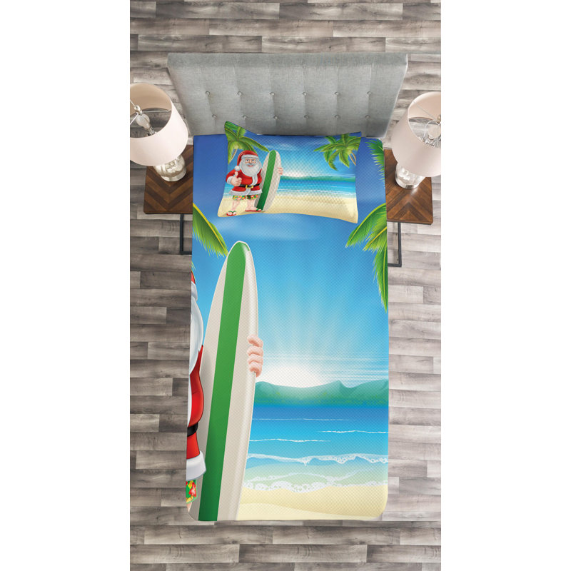 Santa Surfboard Twin Quilted Bedspread Set in White