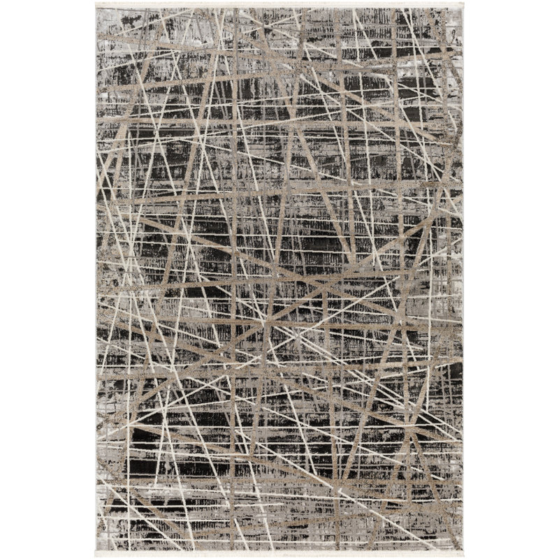 Rectangle Machine Woven Polyester Area Rug in Black, Rectangle 5'3" x 7'