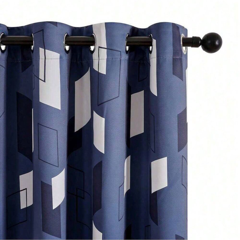 Total Blackout Grommet Thermal Insulated Curtains with Parallel Mirror Design (Set of 2), 42" W x 84" L, Blue