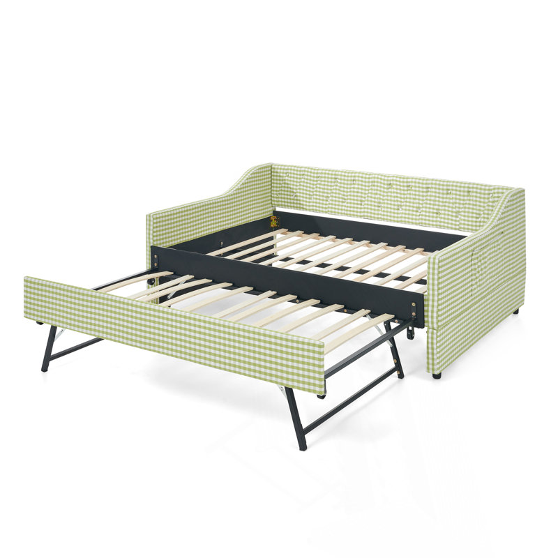 Lit de jour pleine grandeur, lit de jour convertible rembourré avec dossier capitonné, canapé-lit polyvalent 3 en 1 avec lit gigogne escamotable et rangement latéral, parfait pour une vie compacte