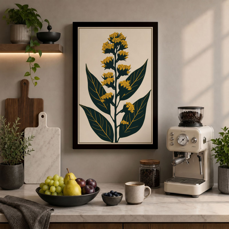 Yellow Flowering Plant Botanical - Wrapped Canvas, 30x20 - 76.2 x 50.8 cm, Teal Border