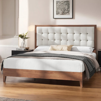 Structure de lit double Behka, lit plateforme tapissier en lin, noyer