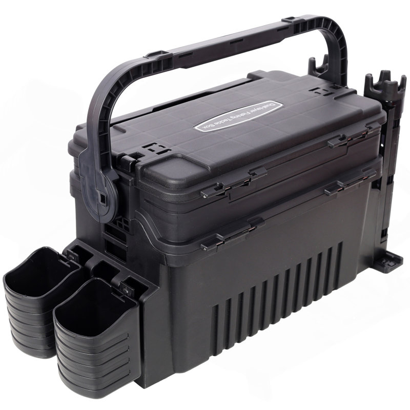 Dual-Layer Fishing Tackle Box,Tackle Box Organizer Fishing Box Large,With 2Pcs Rod Holder,2Pcs Cup Holder,1Pc Carring Strap,Black