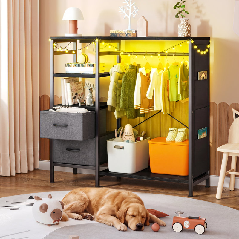 LED Lighted Coat Rack with Hanging Rail and 2-Drawer, Black