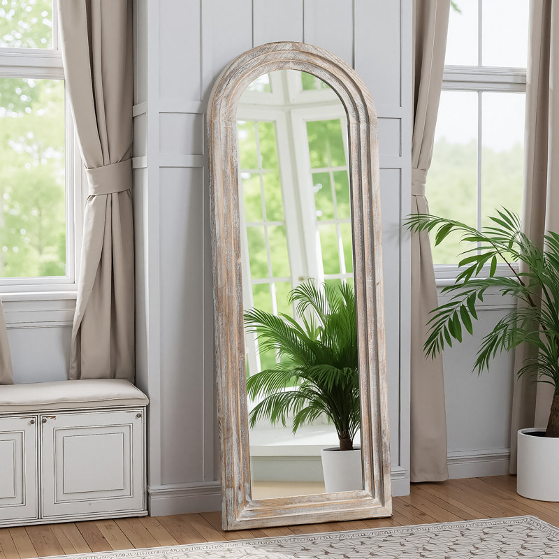 64"H Farmhouse Arch Solid Wood Wall Mirror Distressed Full Length Mirror Ornate Traditonal Leaning Mirror for Living Room Bedroom Entryway