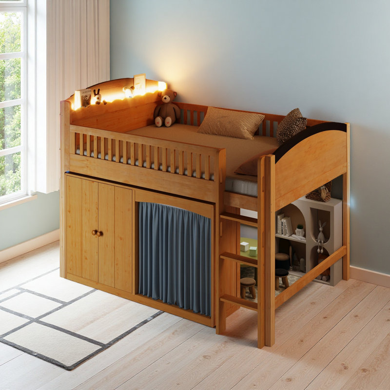 Lit mezzanine simple avec armoire de rangement, garde-robe et DEL, Bois