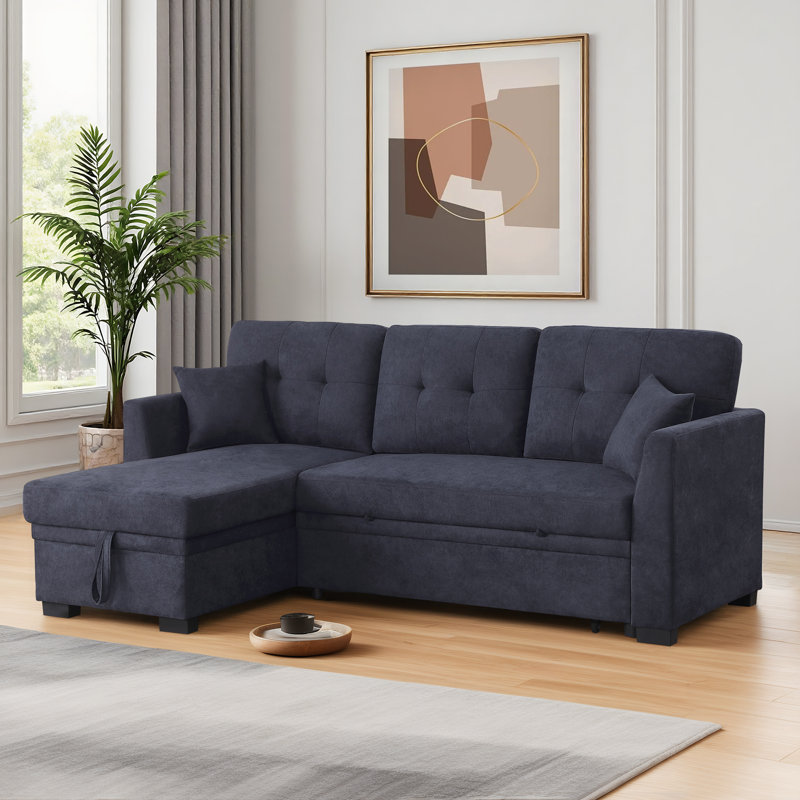 Canapé-lit modulaire convertible de 81,5 po de largeur avec canapé-lit escamotable en velours et méridienne réversible avec rangement pour le salon, bleu foncé