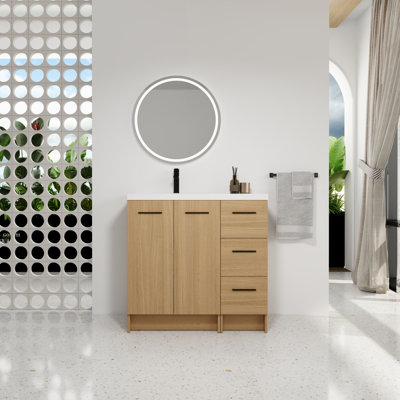  Meuble-lavabo autoportant modulaire de 36 po, plateau de lavabo en résine, contreplaqué de chêne clair