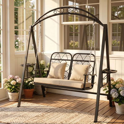 Outdoor Porch Double Swing with Stand for Adults, 700lbs Heavy-Duty Metal Frame, Thickened Cushions & Pillows, Built-in Cup Holders for Garden Patio Balcony Poolside, Easy Assembly