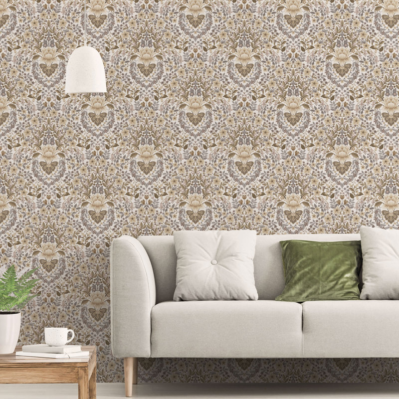 Into The Wild Collection Metallic Large Floral Damask 33' L x 21" W Wallpaper Roll, Beige