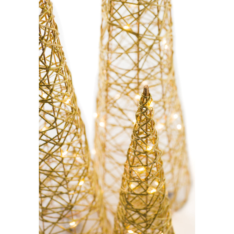 Silver Wireframe Glittered Cone Accent Lighted Tree Set, Golden