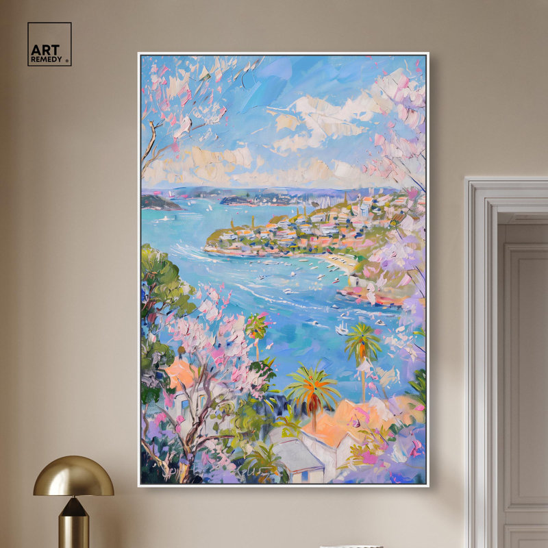 «Hillside Harbor View I» par Art Remedy, H 55 po x l 37 po, Cadre flottant, Blanc