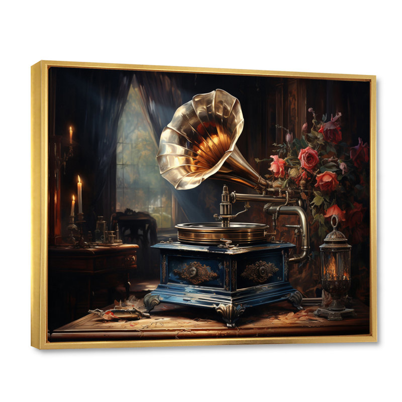 «Gold Black Phonographs», impression sur toile, Cadre flottant doré, H 16 po x l 32 po x P 1 po