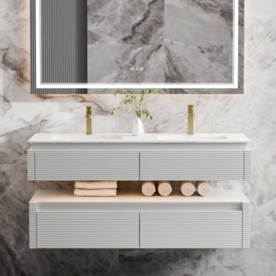 48" Modern Wall-Mounted Double Bathroom Vanity With Engineered Stone Countertop& LED Light