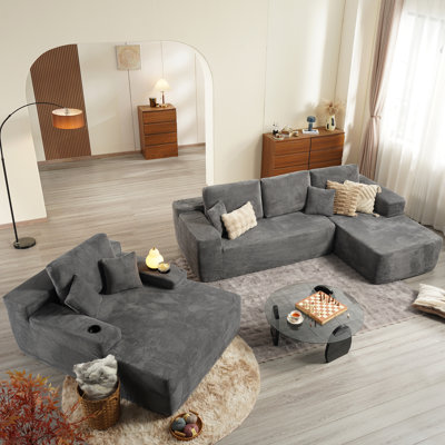 3-Piece No-Assembly Living Room Set, Corduroy Modern Sectional Sofa With Loveseat And Chaise Lounge
