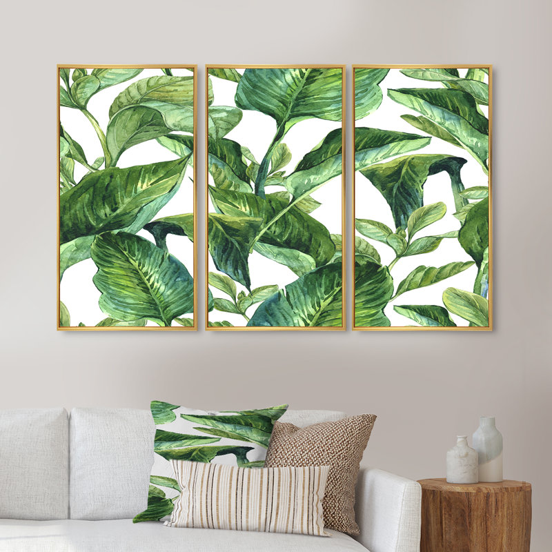 «Foliage Of Tropical Leaves», reproduction sur toile flottante 3 pièces, L 36 po x H 28 po, Cadre doré