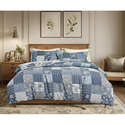 SLEEPBELLA Washed Double Layer Muslin 100% Cotton Comforter Set Queen Size, Boho Blue Patchwork Fluffy Thick Checked Bedding Set, Soft Breathable (1 Comforter, 2 Pillow Shams)
