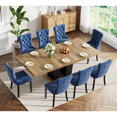 62.99" -78.74" Extendable Dining Table Set, Black&Brown Dining Room Table & Velvet Dining Chairs with Wood Leg, Rustic Kitchen Dining Table and Chairs Set, Modern Dining Table Set