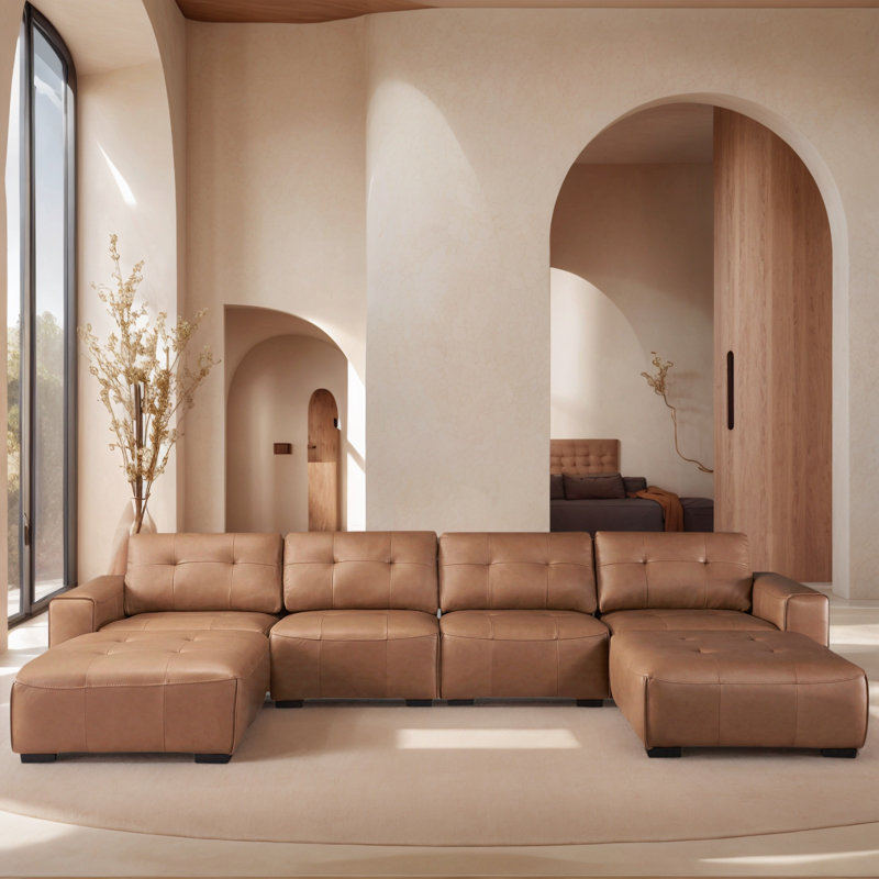 Modern Leather 6-Piece Classic U shaped Sleeper Sectional with Two Large Ottomans Chaise, Brown Faux Leather