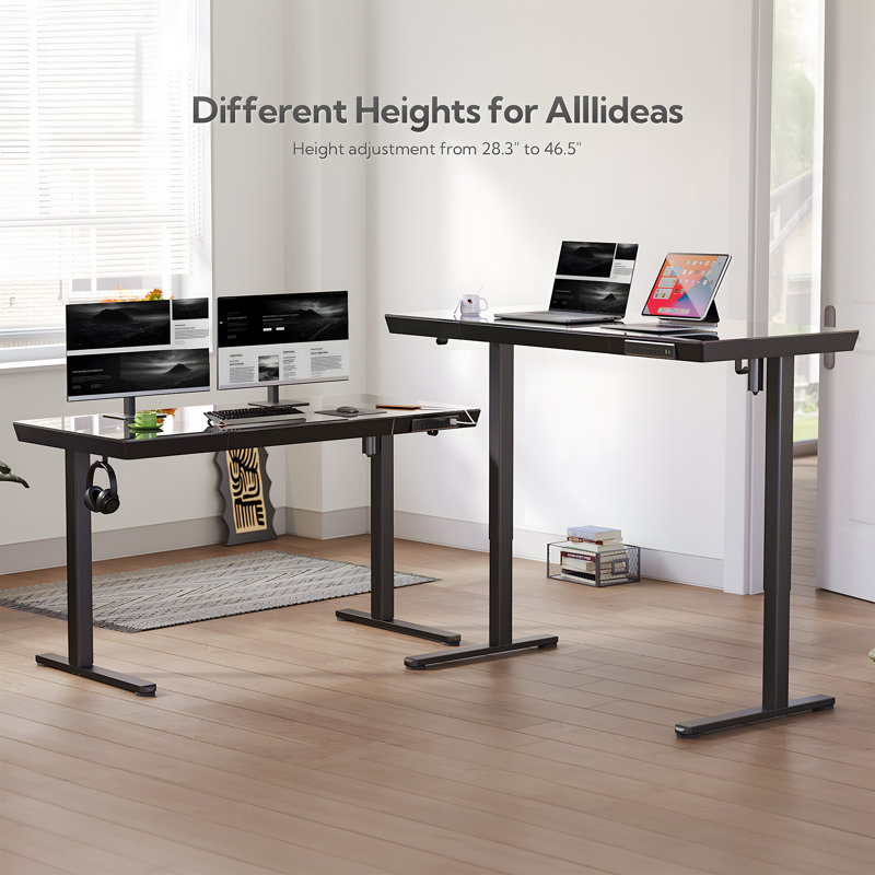 Tempered Glass Top Height Adjustable Standing Desk, Computer Desk with Drawer and USB Charge, Black, 46.5" H x 55" W x 24" D