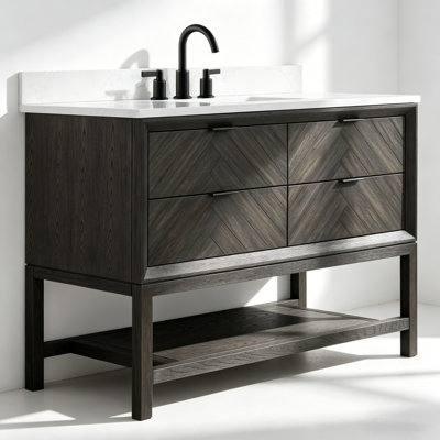 Meuble-lavabo autoportant en bois massif brun foncé 48 po avec plateau en marbre d'ingénierie