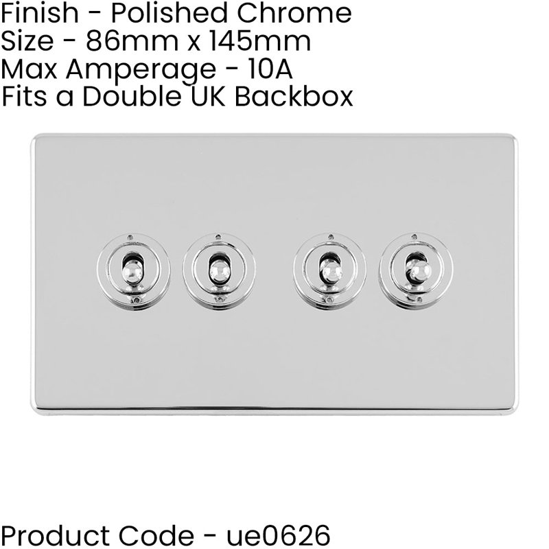 2 PACK 4 Gang Quad Retro Toggle Light Switch SCREWLESS POLISHED CHROME 10A 2 Way, Silver, Polished Chrome