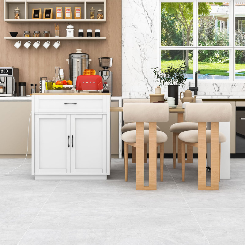 Elegant Multi-functional Kitchen Island with Extendable Dining Table, Dual Storage, and Power Outlets, White