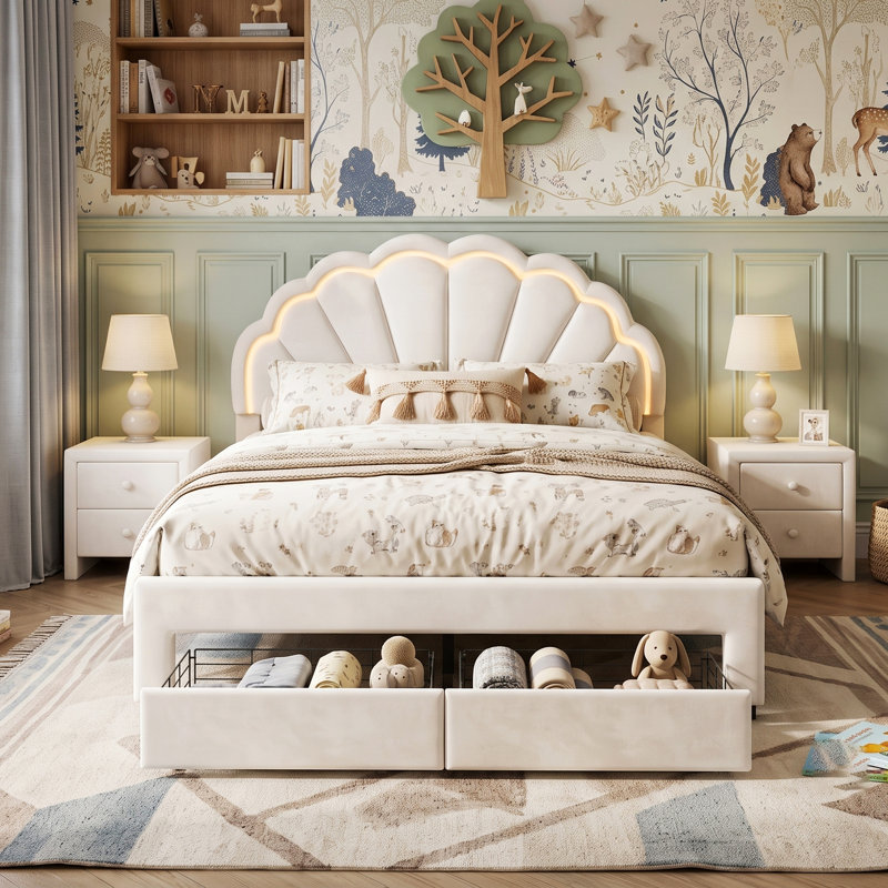 EU & UK Size Smart LED White Velvet Upholstered Bed Frame With Storage Drawers, Scalloped Petal Headboard & App Controlled RGB LED, 90/140X200cm & 120X190cm
