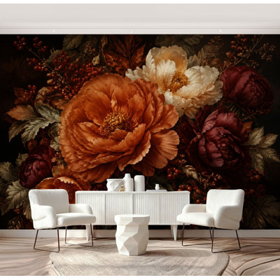 Peel and Stick papier peint rétro floral nature morte, pivoines oranges foncées, peintures murales foncées, H 100 po x l 144 po, papier peint amovible en PVC, adhésif mural pour chambre à coucher, bureau à domicile