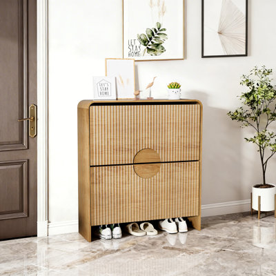 Armoire à chaussures étroite cannelée pour le vestibule, armoire de rangement à chaussures mince avec 2 tiroirs rabattables