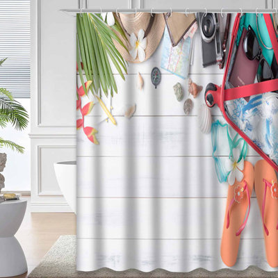 Travel Summer White Wooden Board Flat Suitcase Stuff Shower Curtain with 12 Hooks