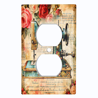 Metal Light Switch Plate Cover; US Standard Size 1 Gang Duplex - Floral Sewing Machine