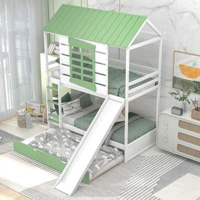 Twin Over Twin Size House Bunk Bed With Convertible Slide And Trundle, White+Green(Old SKU:GX000538AAK)