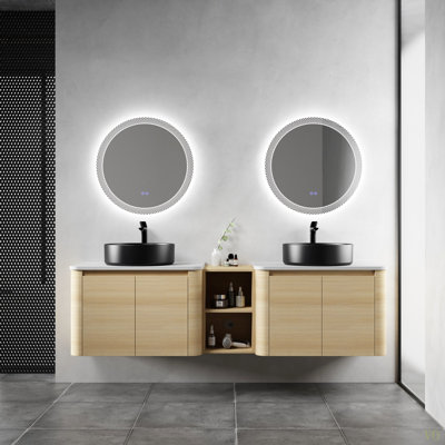 Meuble-lavabo mural 72 po avec lavabo d'art en céramique et 1 tablette de rangement, 4 portes à fermeture douce, emballage KD, contreplaqué