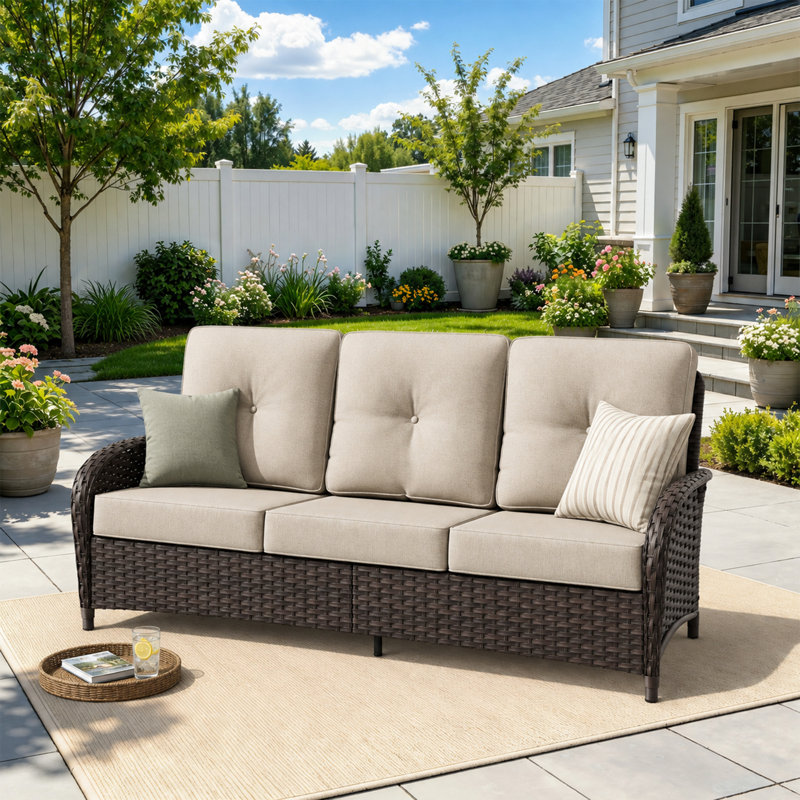Hilmir Outdoor Wicker Patio Sofa with Weather-Resistant Cushions | All-Weather Rattan Outdoor Furniture, Beige