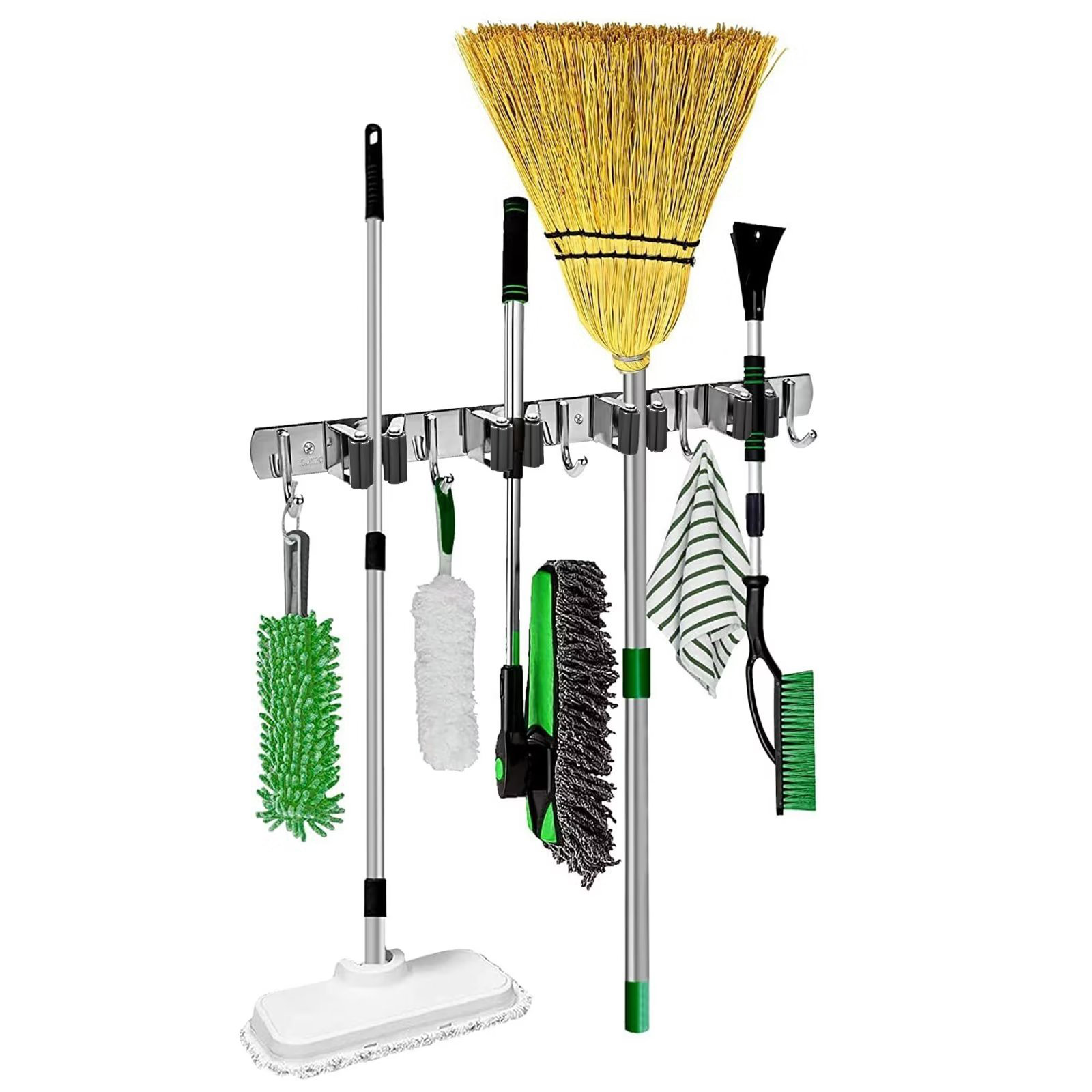 U.S. Solid Mop and Broom Holder, Wall Mounted, 4 Slots & 4 Hooks