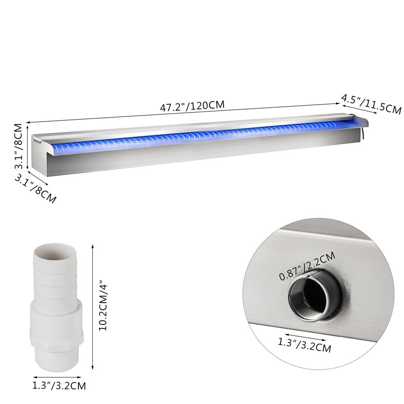 Fontaine en acier inoxydable avec lumière, H 3,1 po x l 47,2 po x P 4,5 po