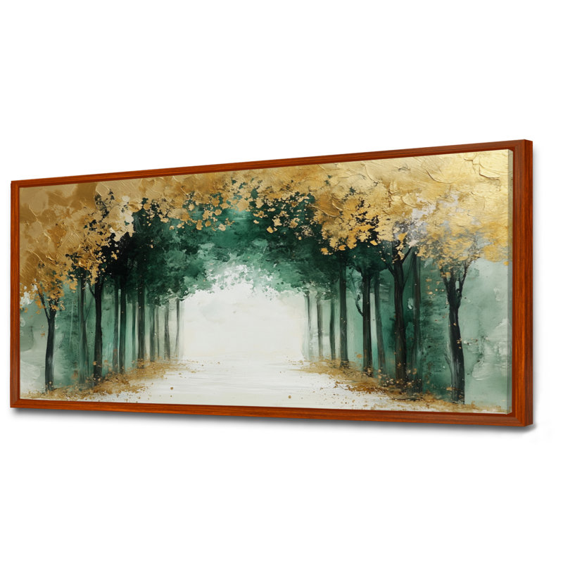 «Green Gold Dreamy Tree Forest Pathway - Green Moody Large Wall Art, Serene», reproduction d'art sur toile encadrée