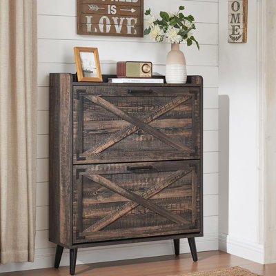 Farmhouse Shoe Storage Cabinet With 2 Flip Drawers & Barn Door Design, Freestanding Hidden Slim Shoe Rack Organizer For Entryway, Foyer, Hallway