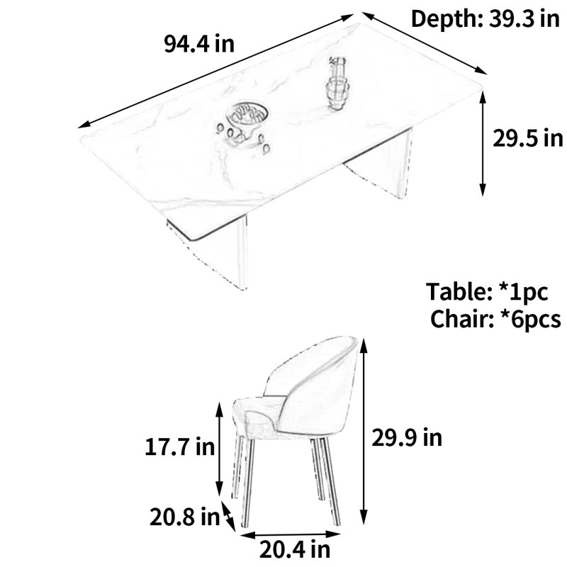 Table et chaise de designer Designer Creative, H 29,5 po x L 94,4 po x l 39,3 po